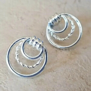Art Deco Circles Hoop and Twist Sterling Silver Plated Stud Earrings